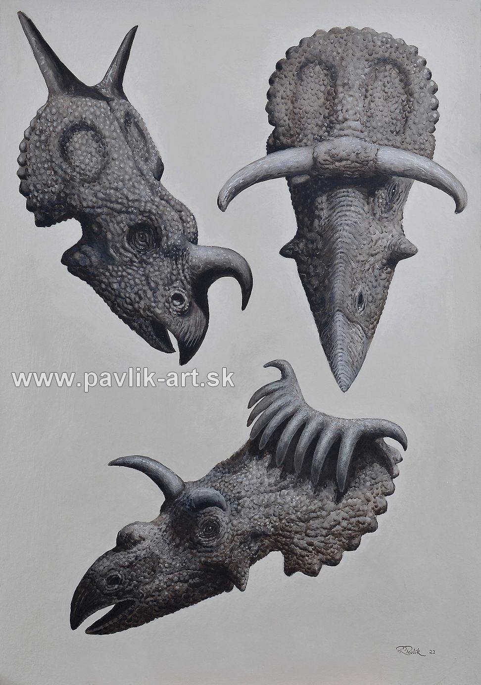 Einiosaurus, Nasutoceratops, Kosmoceratops painting, dinosaurs