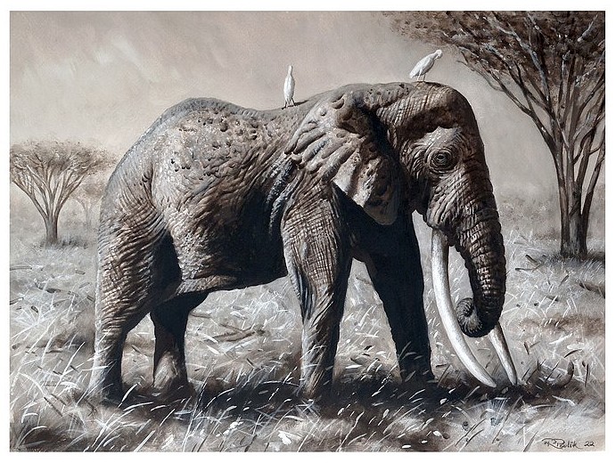 An elephant roaming the African savannah - gouache painting