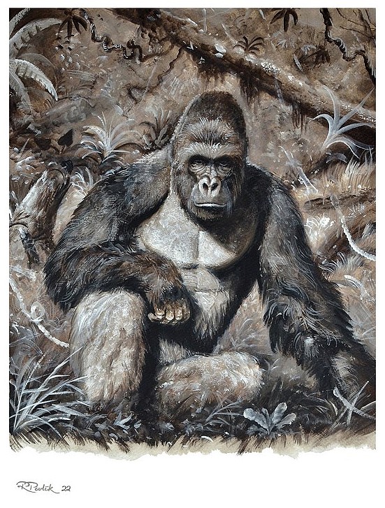 Western gorilla in the middle of a forest - gouache painting