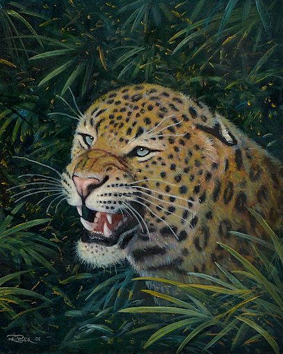 A snarling jaguar in the jungle - oil painting