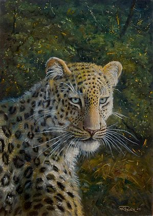 A portrait of a leopard in the jungle - oil painting