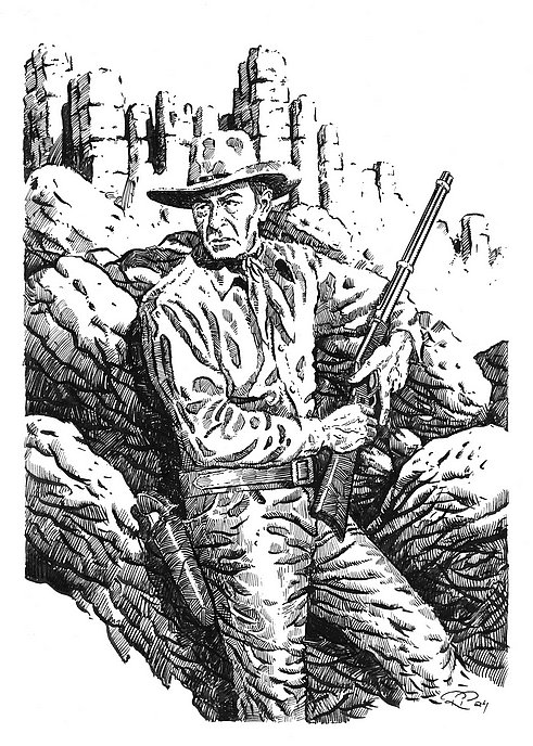 A gunfighter lying in wait - ink drawing