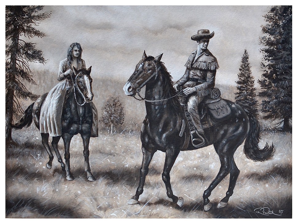 A man and a woman horseback riding in the Wild West