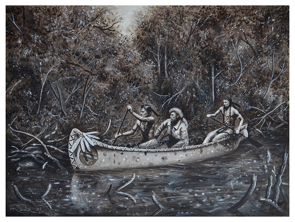 Trapper and two Indians looking for prey
