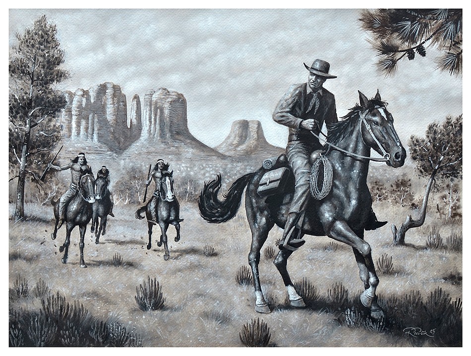 A white man riding a horse chased by a group of Indians